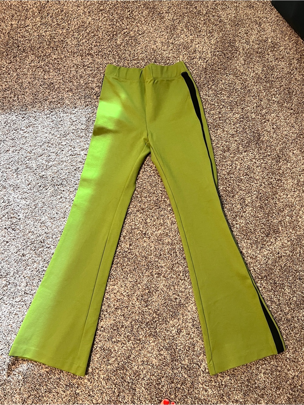 Anthropologie Maeve Ponte Flare Lime Green Flare Pants w/ Black Stripe - Picture 7 of 7